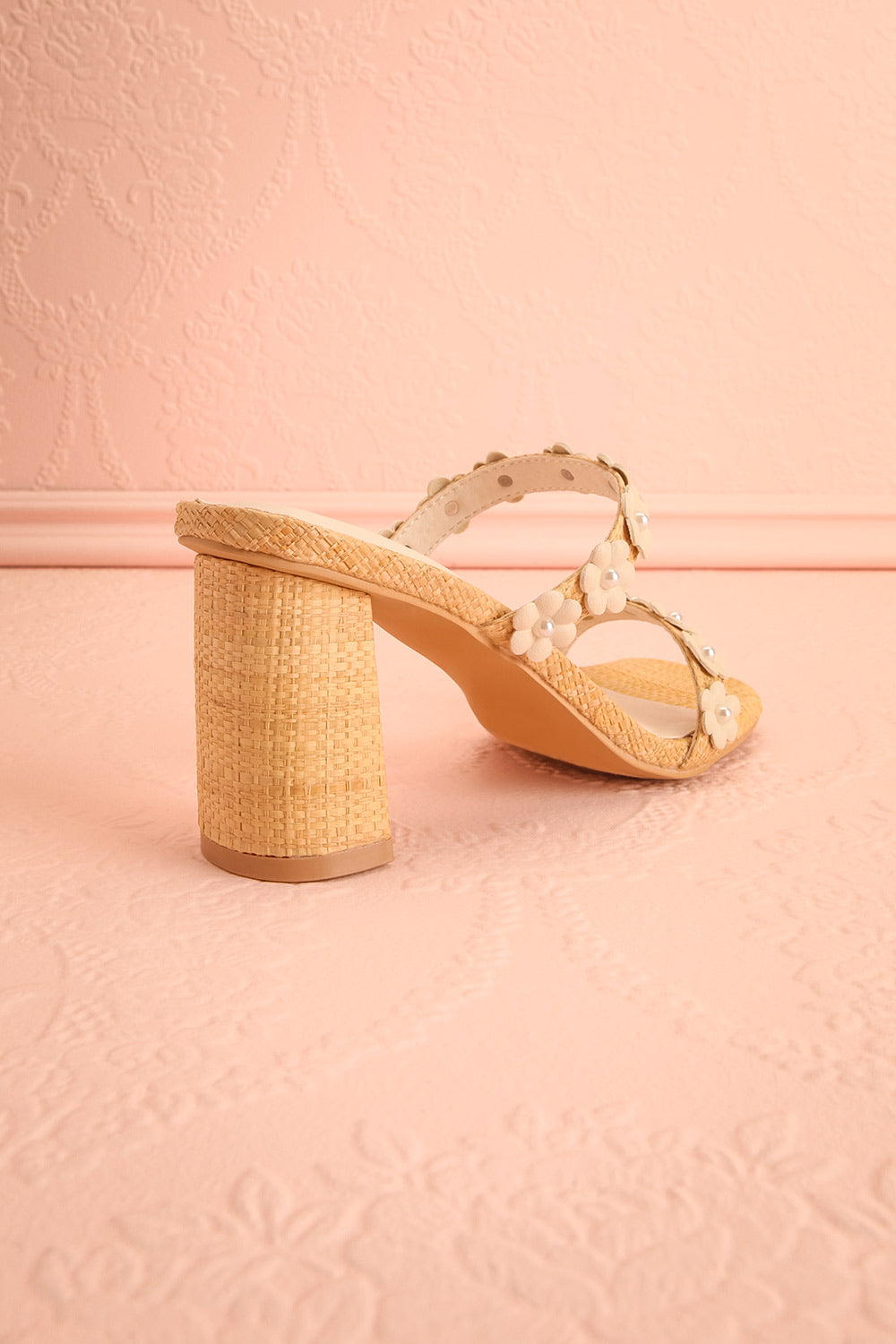 Feliza | Raffia Block Heel Sandals with Floral Appliqués