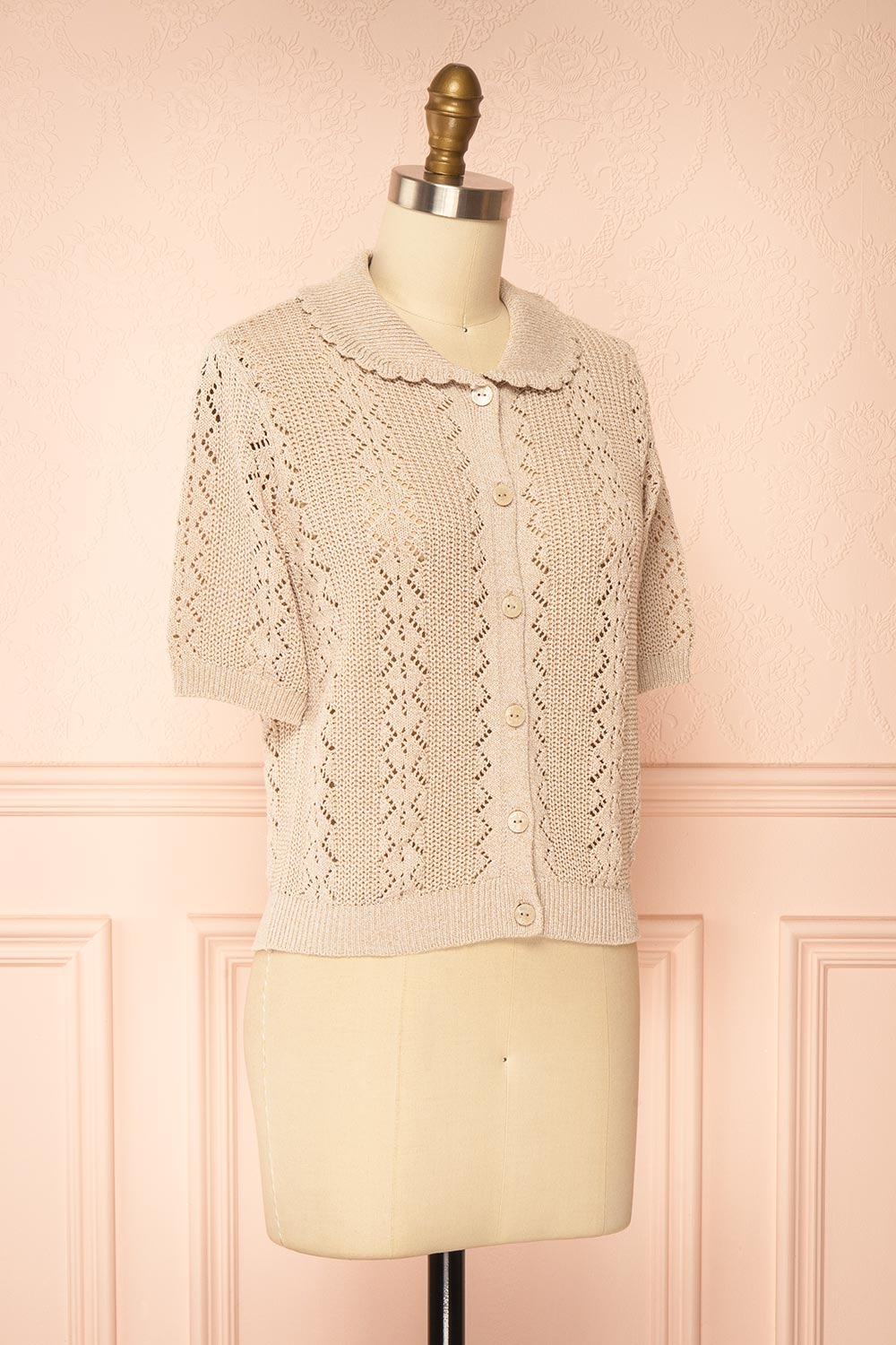 Gertie Beige | Openwork Short Sleeve Cardigan