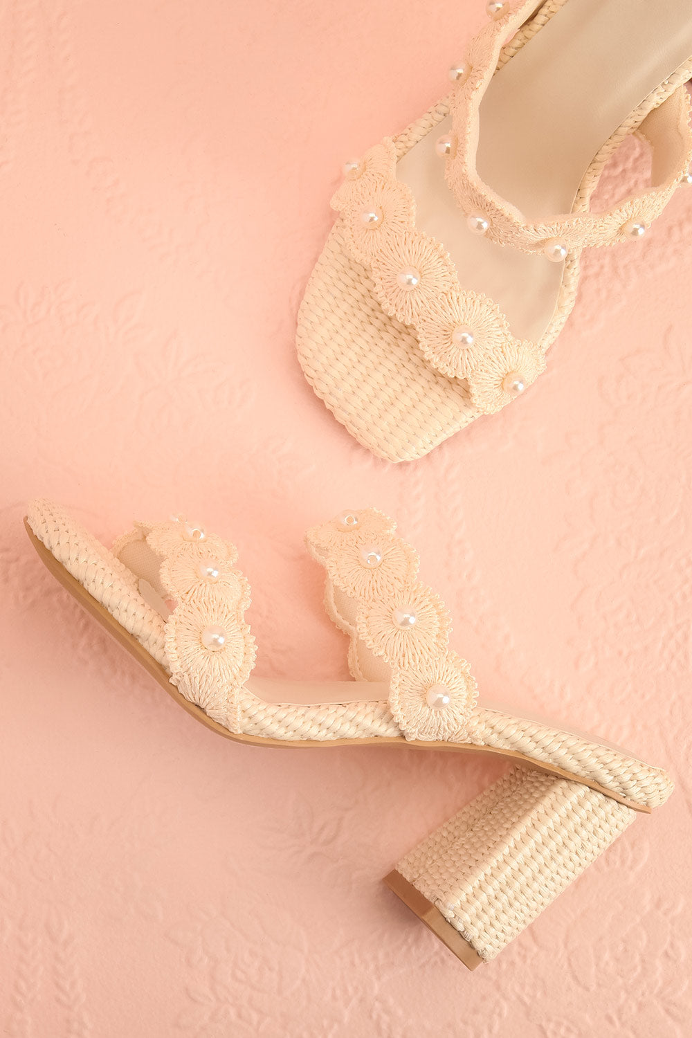 Helenna | Heeled Sandals with Floral Straps and Pearls