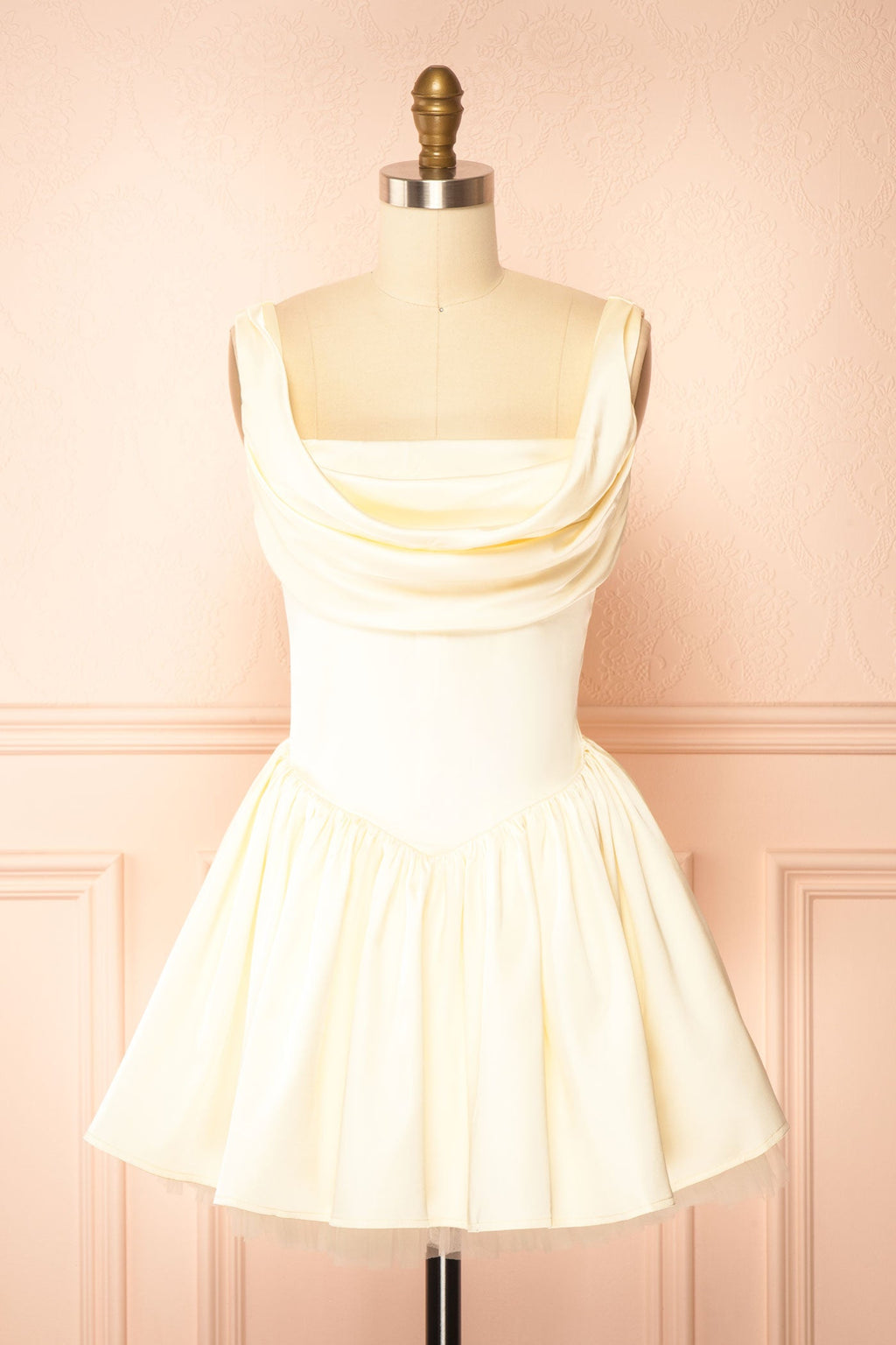 Idolia Light Yellow | Satin Cowl Neck Mini Dress with Open Lace-Up Back