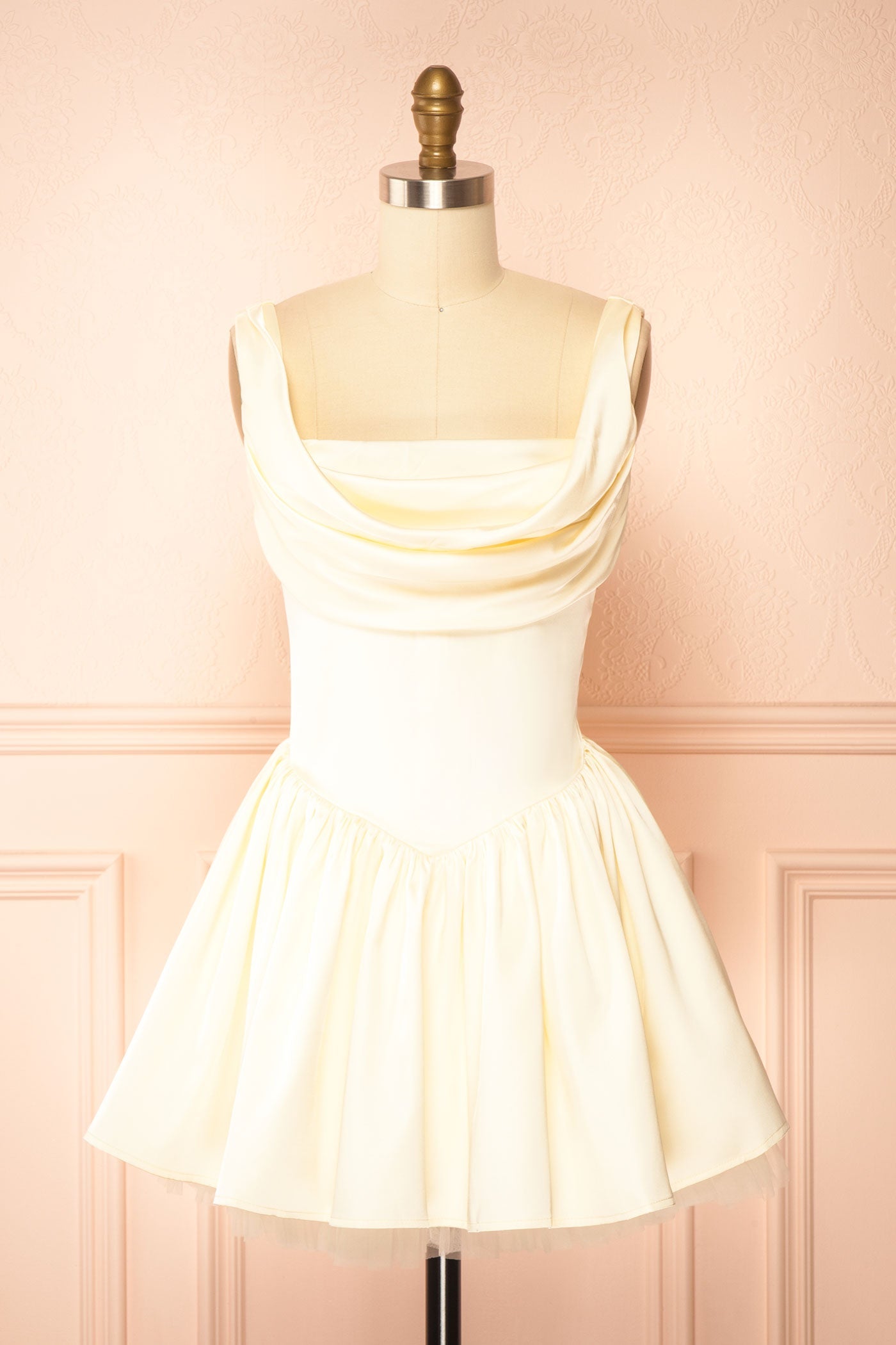 Idolia Light Yellow | Satin Cowl Neck Mini Dress with Open Lace-Up Back
