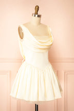 Idolia Light Yellow | Satin Cowl Neck Mini Dress with Open Lace-Up Back