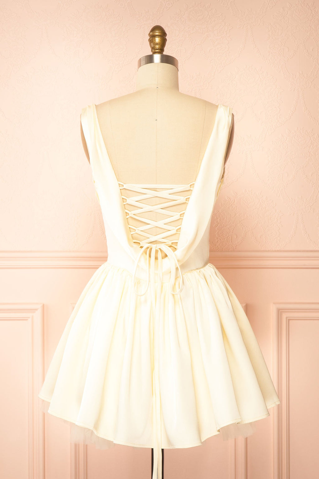 Idolia Light Yellow | Satin Cowl Neck Mini Dress with Open Lace-Up Back