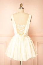 Idolia Light Yellow | Satin Cowl Neck Mini Dress with Open Lace-Up Back