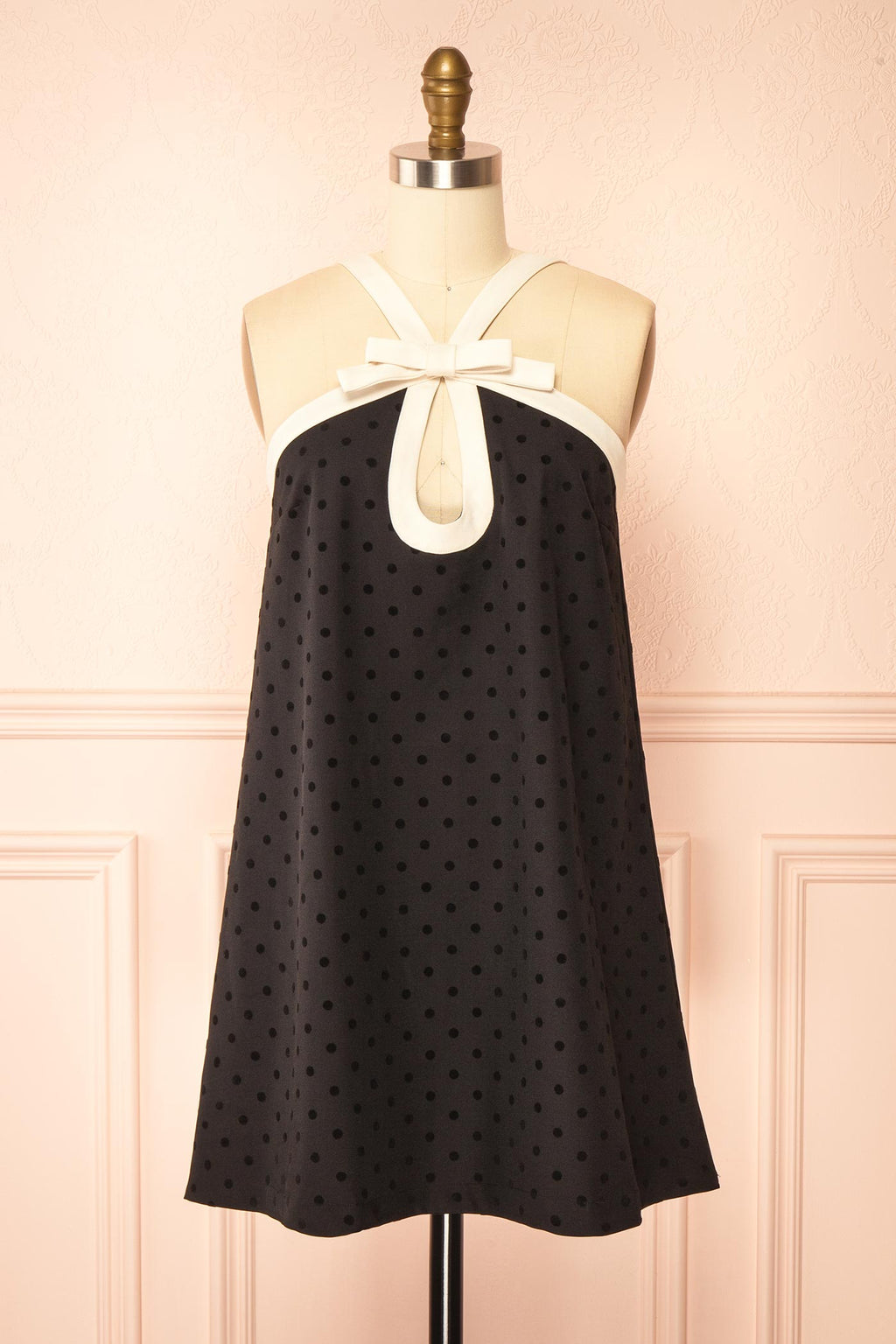 Isalda Black | Polka Dot Mini Dress with White Contrast Bow Detail
