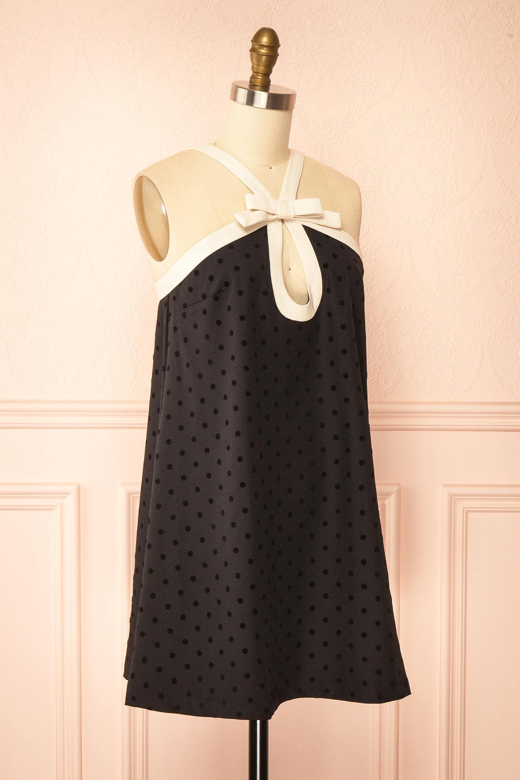 Isalda Black | Polka Dot Mini Dress with White Contrast Bow Detail