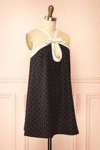 Isalda Black | Polka Dot Mini Dress with White Contrast Bow Detail