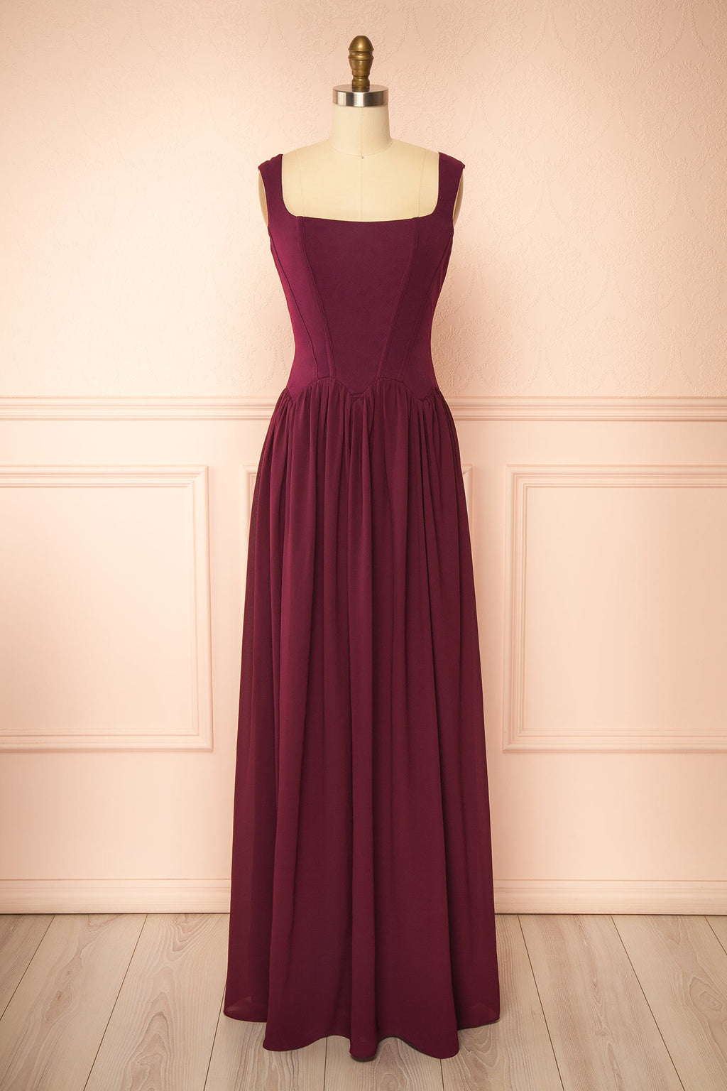 Joalie | Burgundy Sleeveless Maxi Dress with Structured Bodice