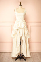 Kaeris Ivory | Floral Shimmering Jacquard High-Low Dress