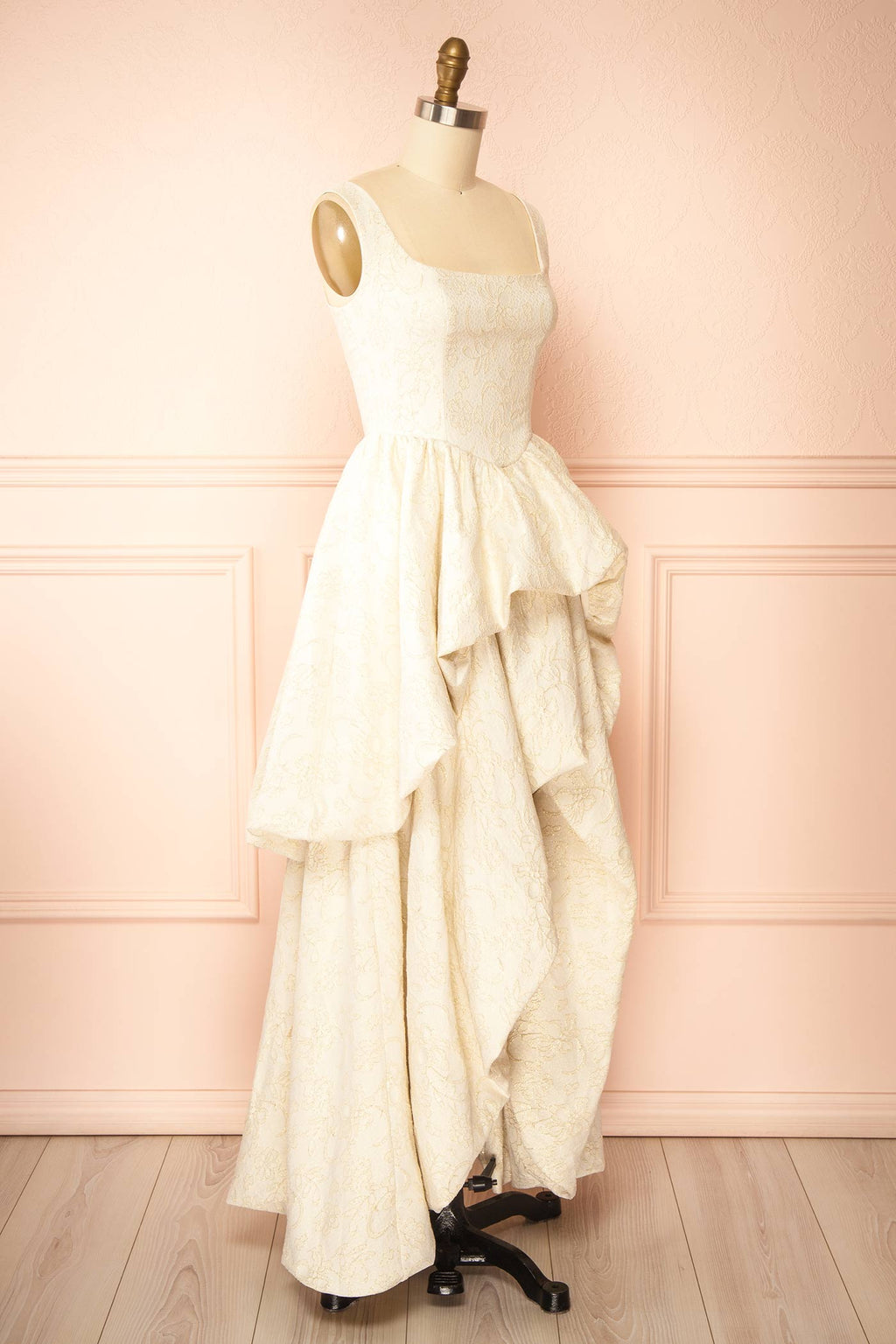 Kaeris Ivory | Floral Shimmering Jacquard High-Low Dress