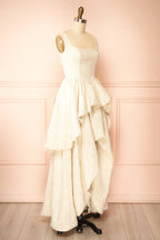 Kaeris Ivory | Floral Shimmering Jacquard High-Low Dress
