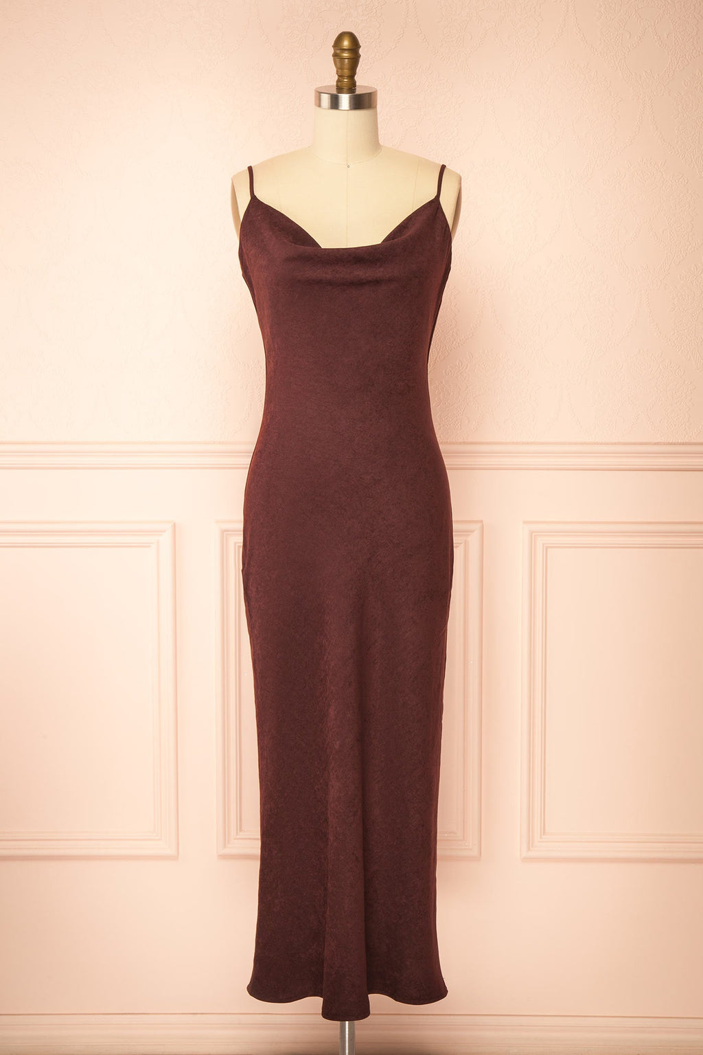 Kaissa | Brown Faux Suede Cowl Neck Midi Slip Dress