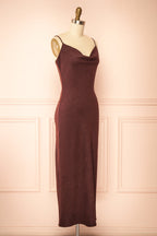 Kaissa | Brown Faux Suede Cowl Neck Midi Slip Dress