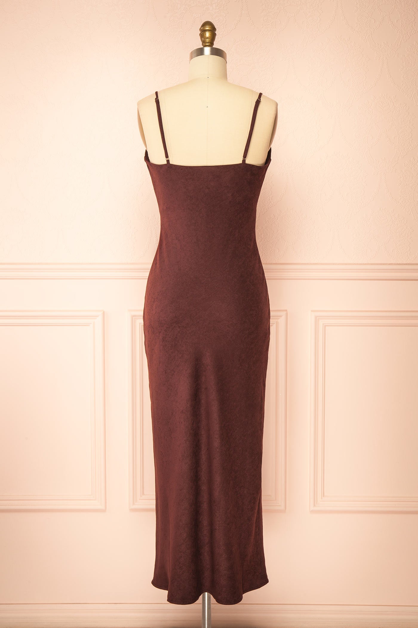 Kaissa | Brown Faux Suede Cowl Neck Midi Slip Dress