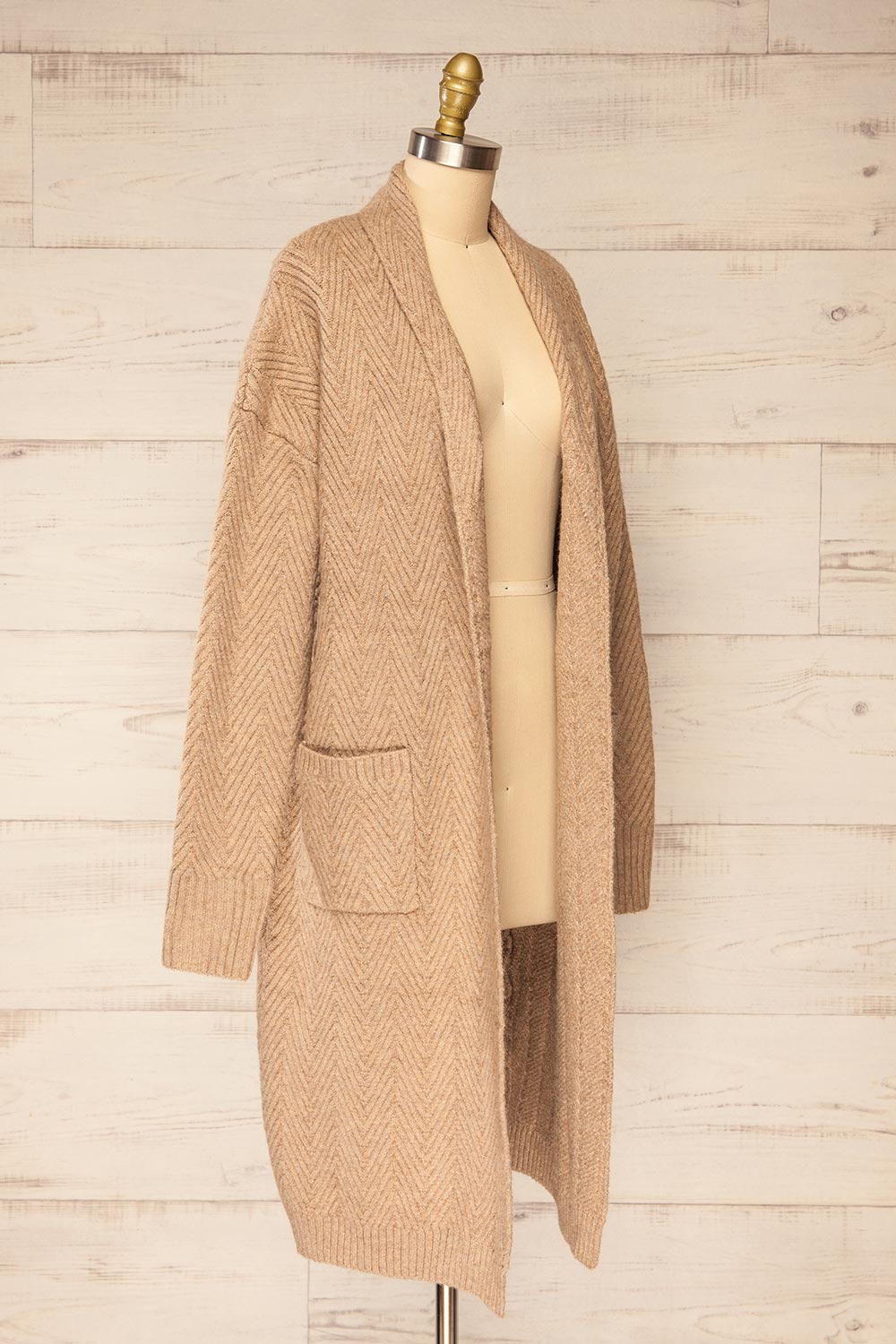 Kastamonu | Beige Herringbone Knit Long Cardigan