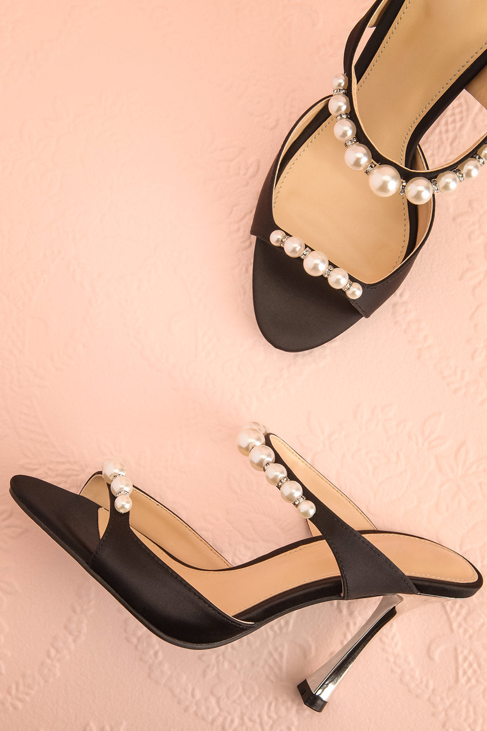 Lacie Black | Satin Pearl Strappy Heels