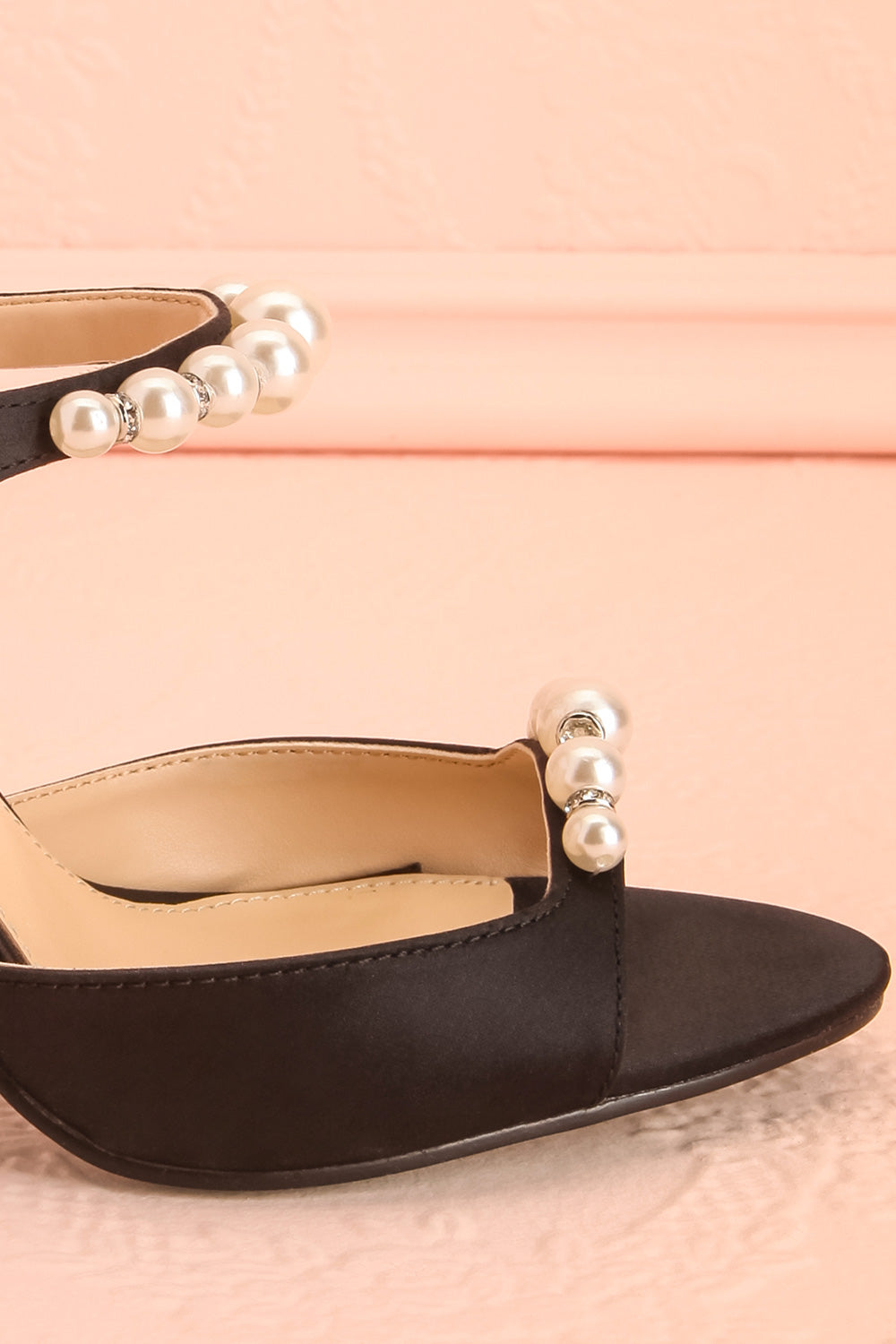 Lacie Black | Satin Pearl Strappy Heels