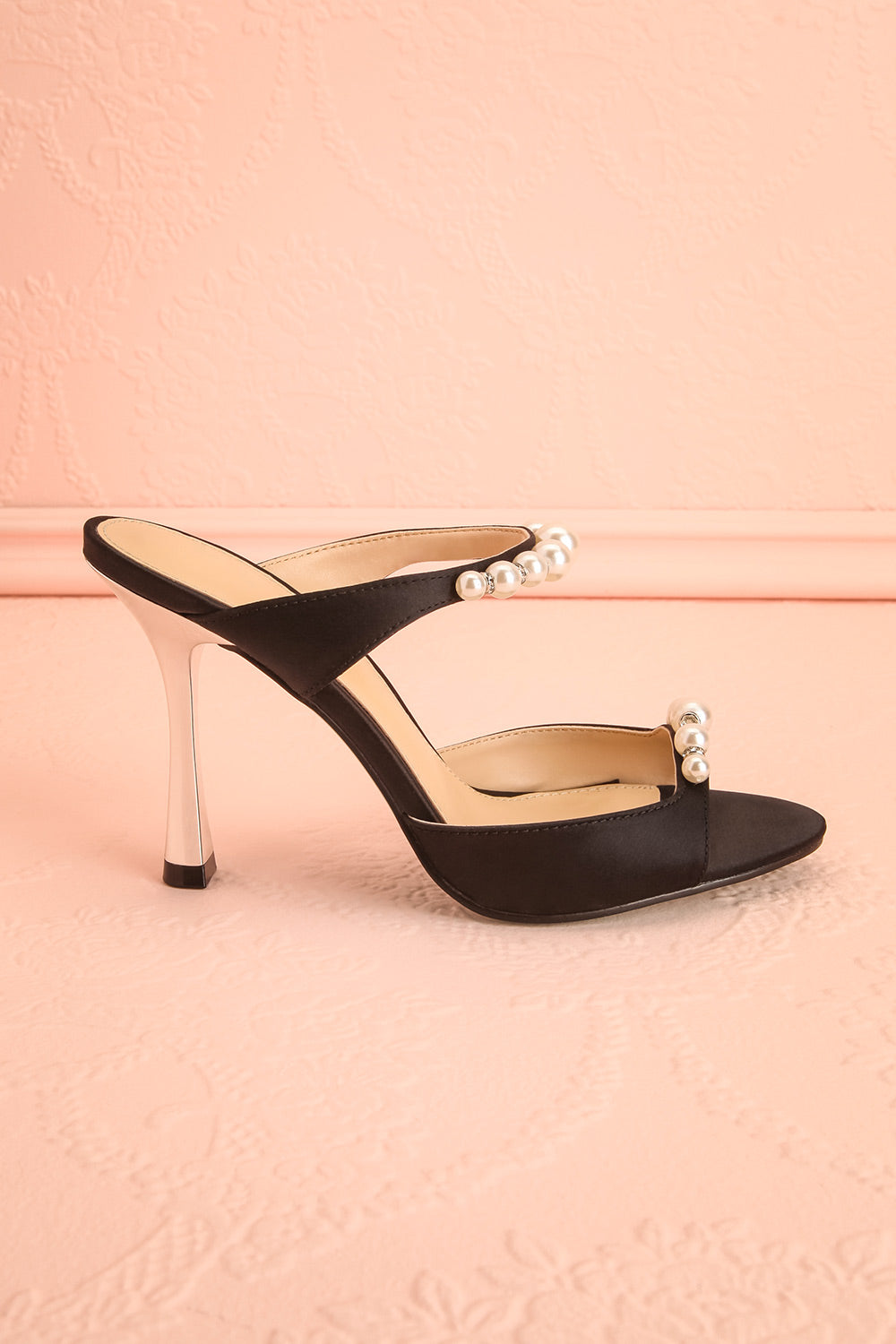 Lacie Black | Satin Pearl Strappy Heels