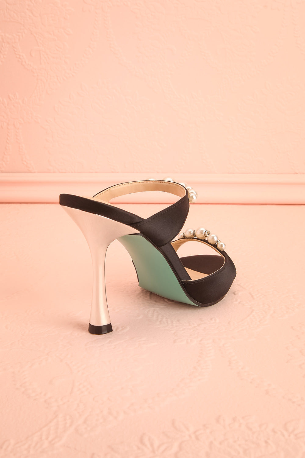 Lacie Black | Satin Pearl Strappy Heels