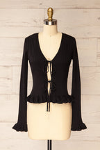 Lortona Black | Ribbed Knit Cardigan with Front Tie and Frill Details