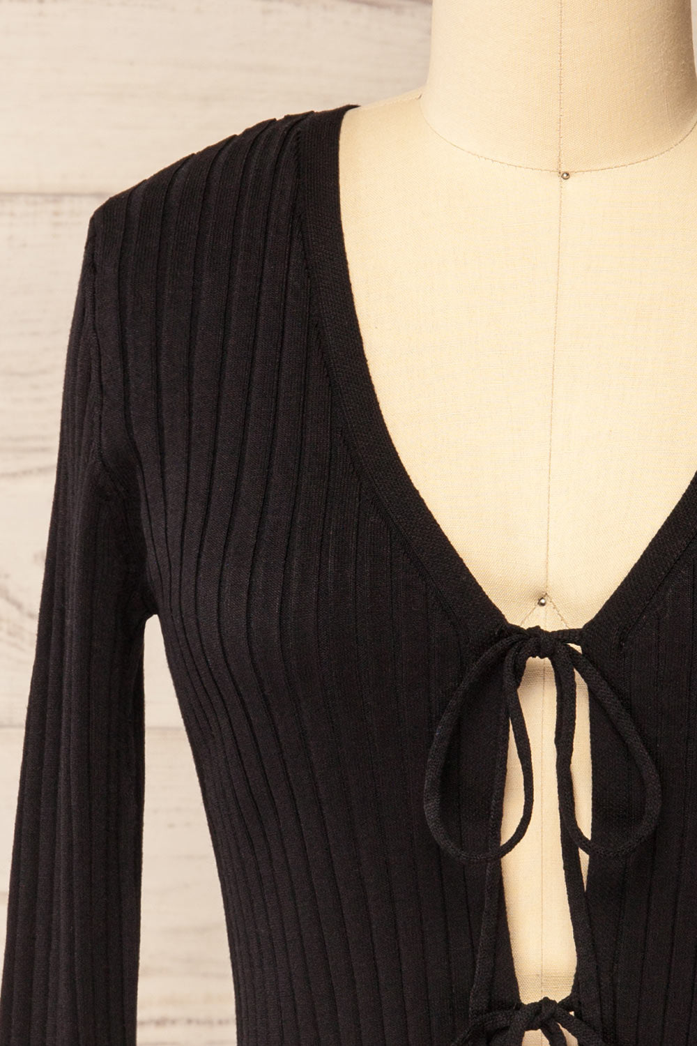 Lortona Black | Ribbed Knit Cardigan with Front Tie and Frill Details