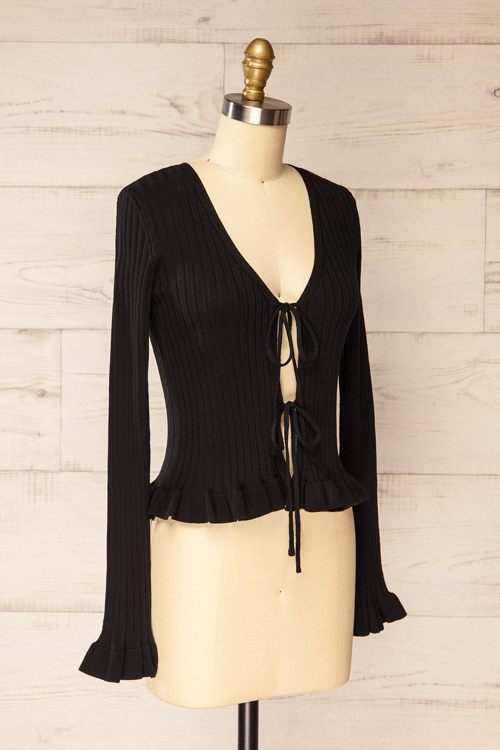 Lortona Black | Ribbed Knit Cardigan with Front Tie and Frill Details