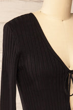 Lortona Black | Ribbed Knit Cardigan with Front Tie and Frill Details