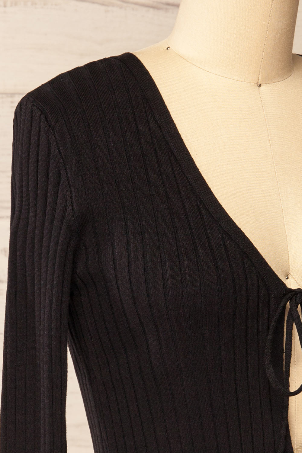 Lortona Black | Ribbed Knit Cardigan with Front Tie and Frill Details