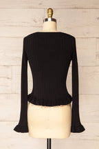 Lortona Black | Ribbed Knit Cardigan with Front Tie and Frill Details