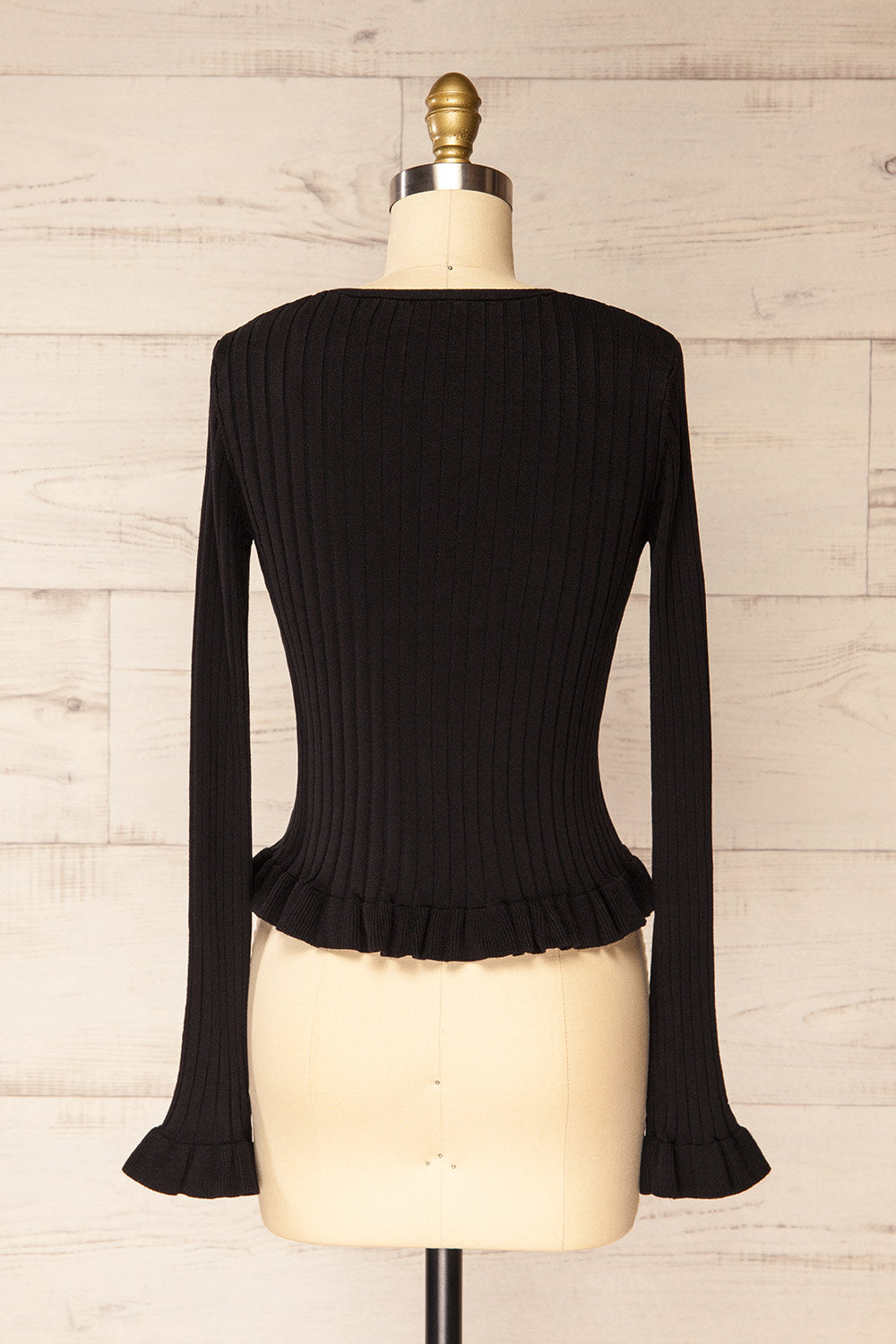 Lortona Black | Ribbed Knit Cardigan with Front Tie and Frill Details
