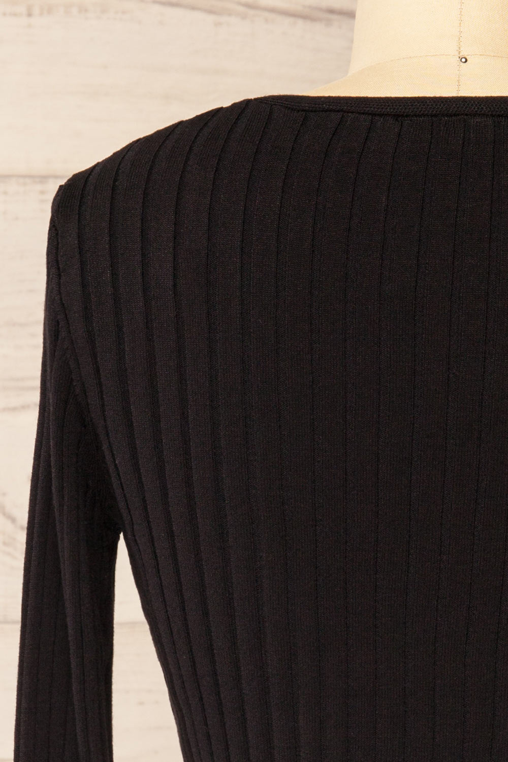 Lortona Black | Ribbed Knit Cardigan with Front Tie and Frill Details