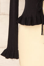 Lortona Black | Ribbed Knit Cardigan with Front Tie and Frill Details