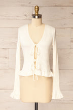 Lortona Ivory | Ribbed Knit Cardigan with Front Tie and Frill Details