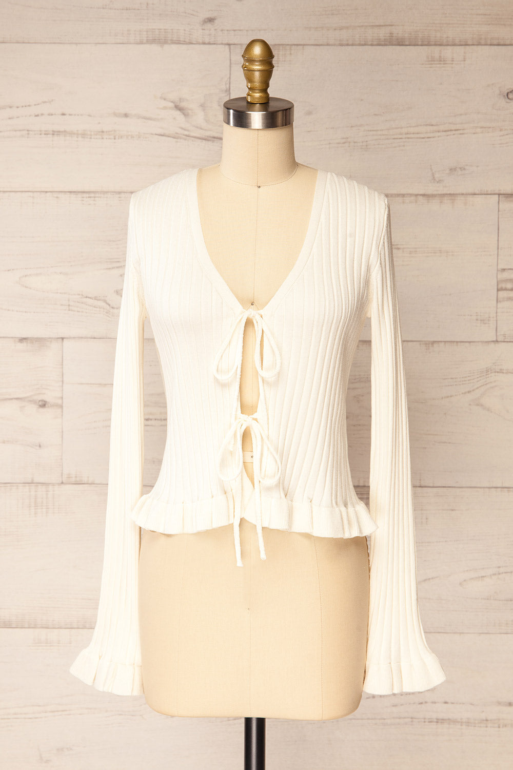 Lortona Ivory | Ribbed Knit Cardigan with Front Tie and Frill Details