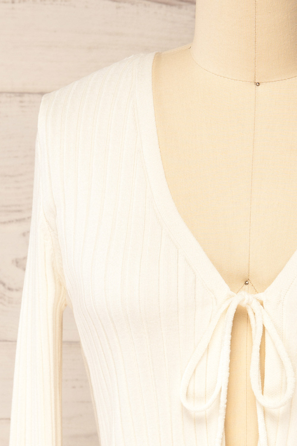 Lortona Ivory | Ribbed Knit Cardigan with Front Tie and Frill Details