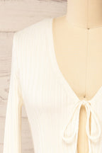 Lortona Ivory | Ribbed Knit Cardigan with Front Tie and Frill Details