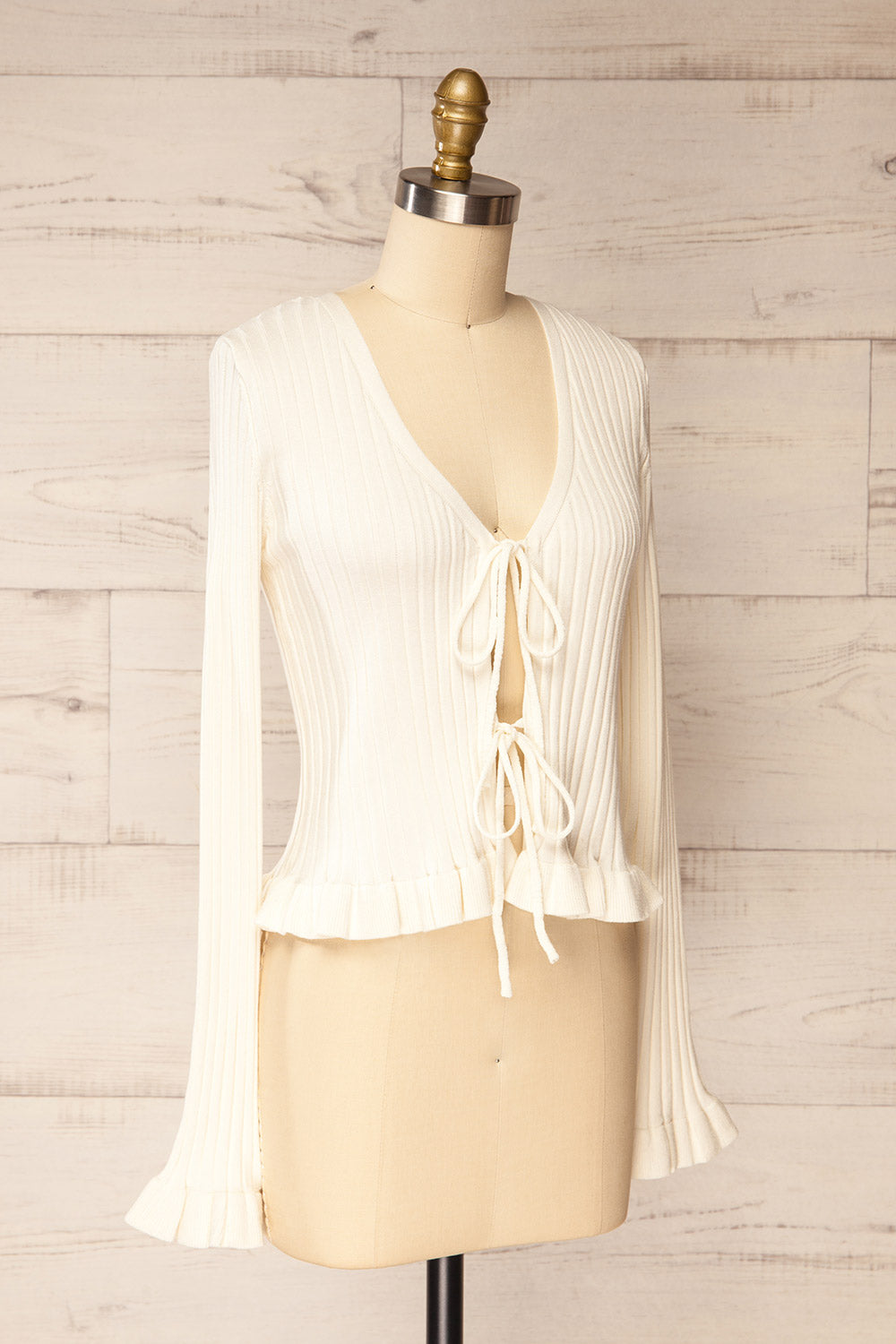 Lortona Ivory | Ribbed Knit Cardigan with Front Tie and Frill Details