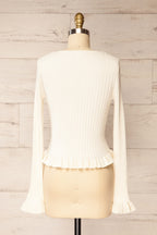 Lortona Ivory | Ribbed Knit Cardigan with Front Tie and Frill Details