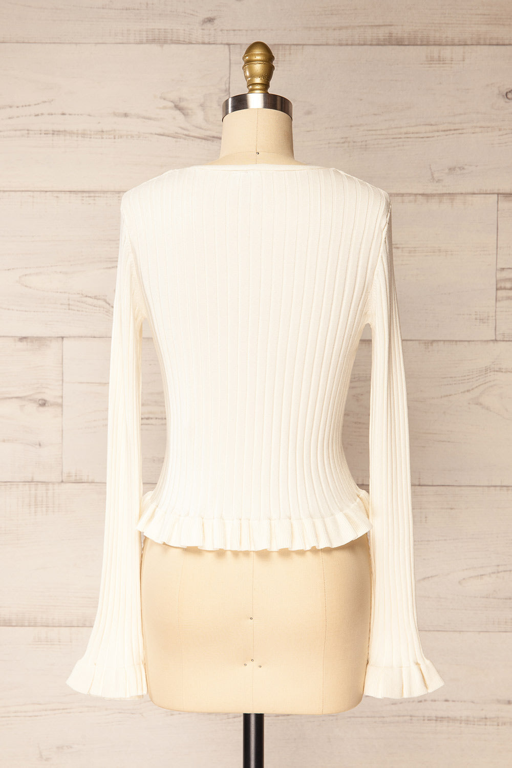 Lortona Ivory | Ribbed Knit Cardigan with Front Tie and Frill Details