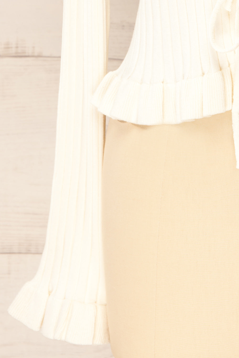 Lortona Ivory | Ribbed Knit Cardigan with Front Tie and Frill Details