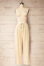 Lunglei Beige | Wide-Leg Pants with Front Pleat Details