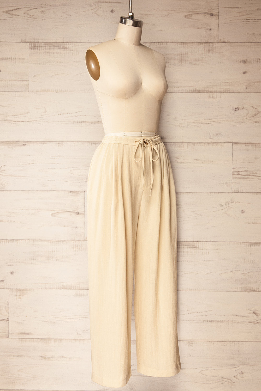 Lunglei Beige | Wide-Leg Pants with Front Pleat Details