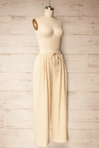 Lunglei Beige | Wide-Leg Pants with Front Pleat Details