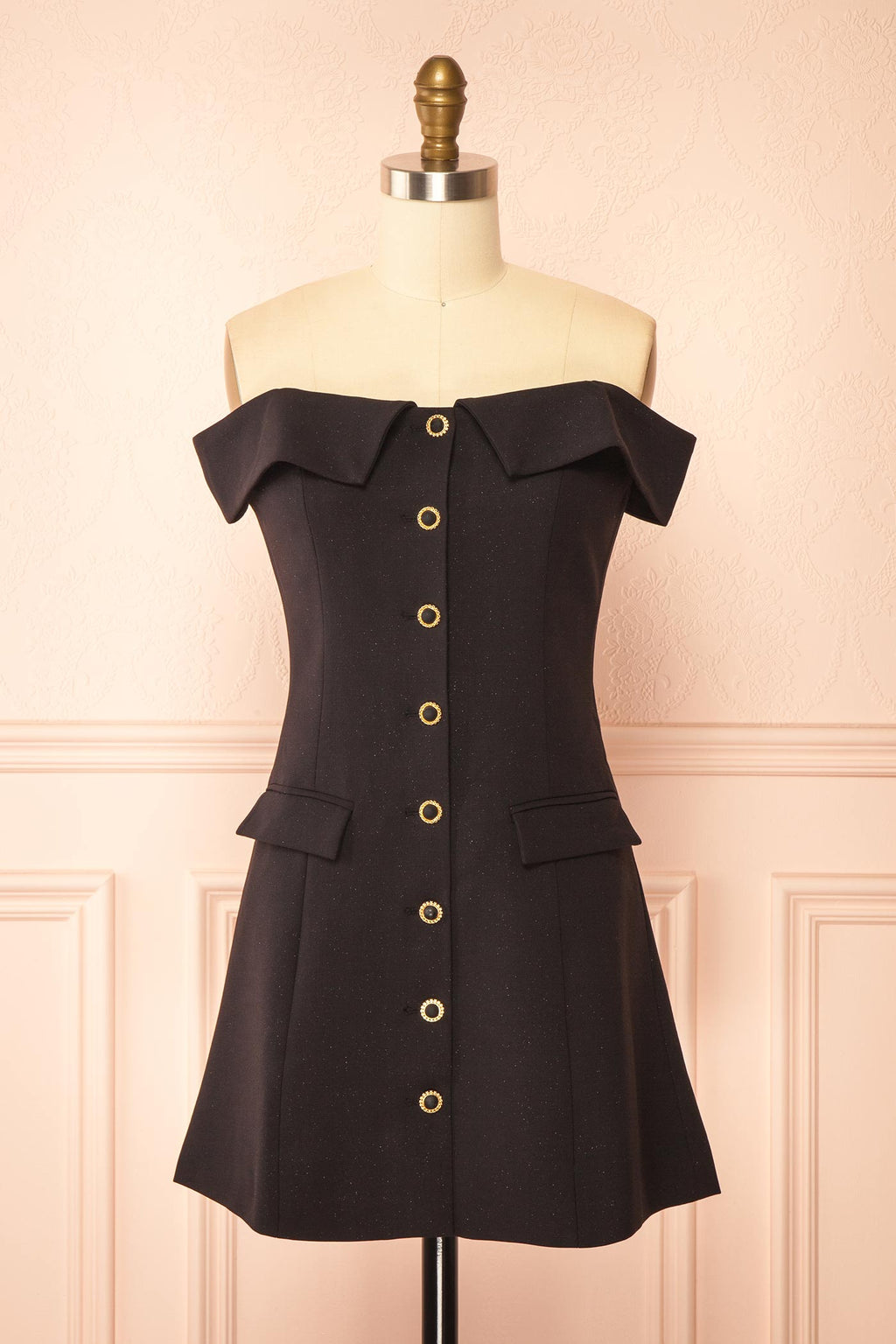 Madalyn | Off Shoulder Glitter Black Mini Dress with Buttons and Pockets