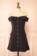 Madalyn | Off Shoulder Glitter Black Mini Dress with Buttons and Pockets