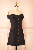 Madalyn | Off Shoulder Glitter Black Mini Dress with Buttons and Pockets