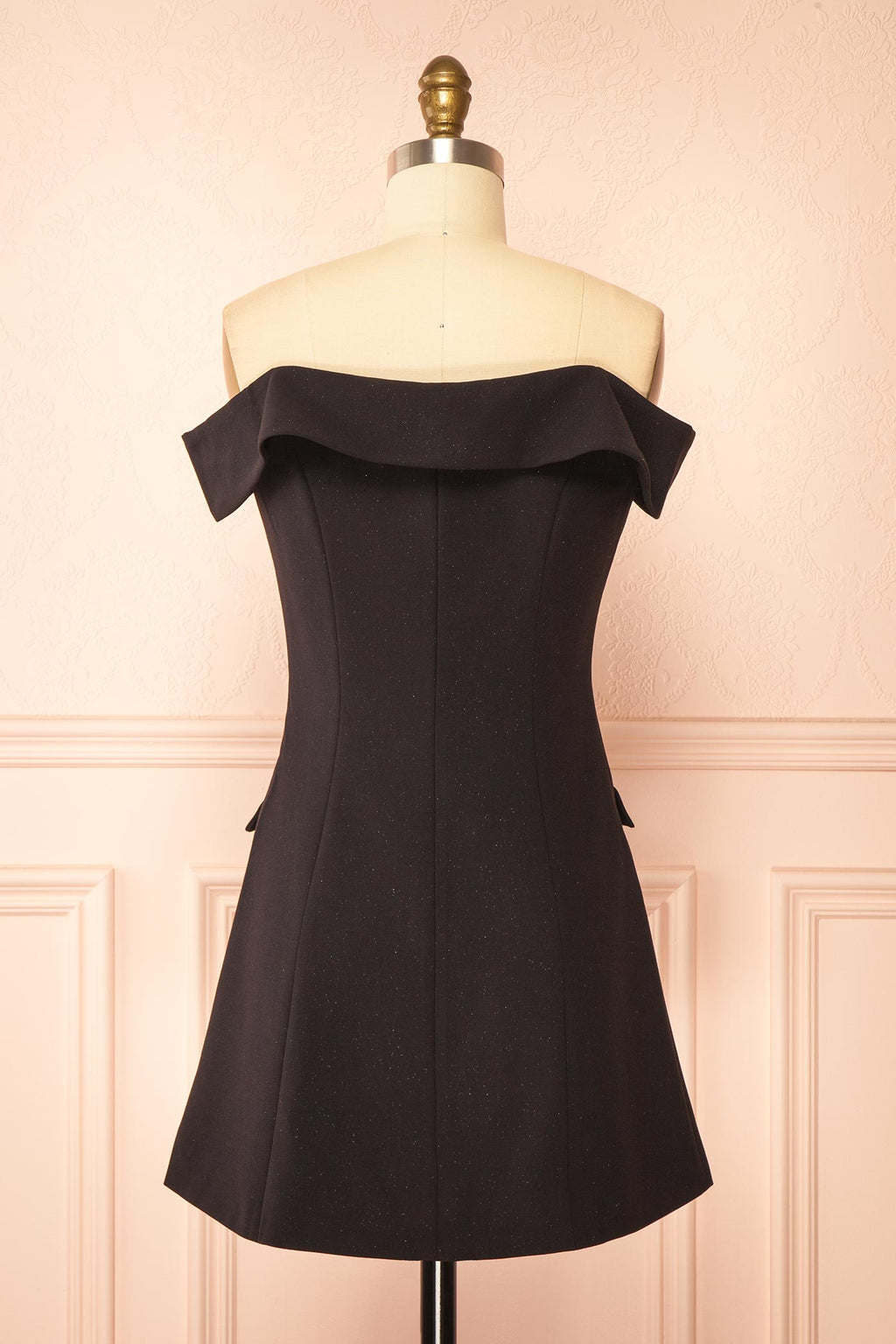 Madalyn | Off Shoulder Glitter Black Mini Dress with Buttons and Pockets