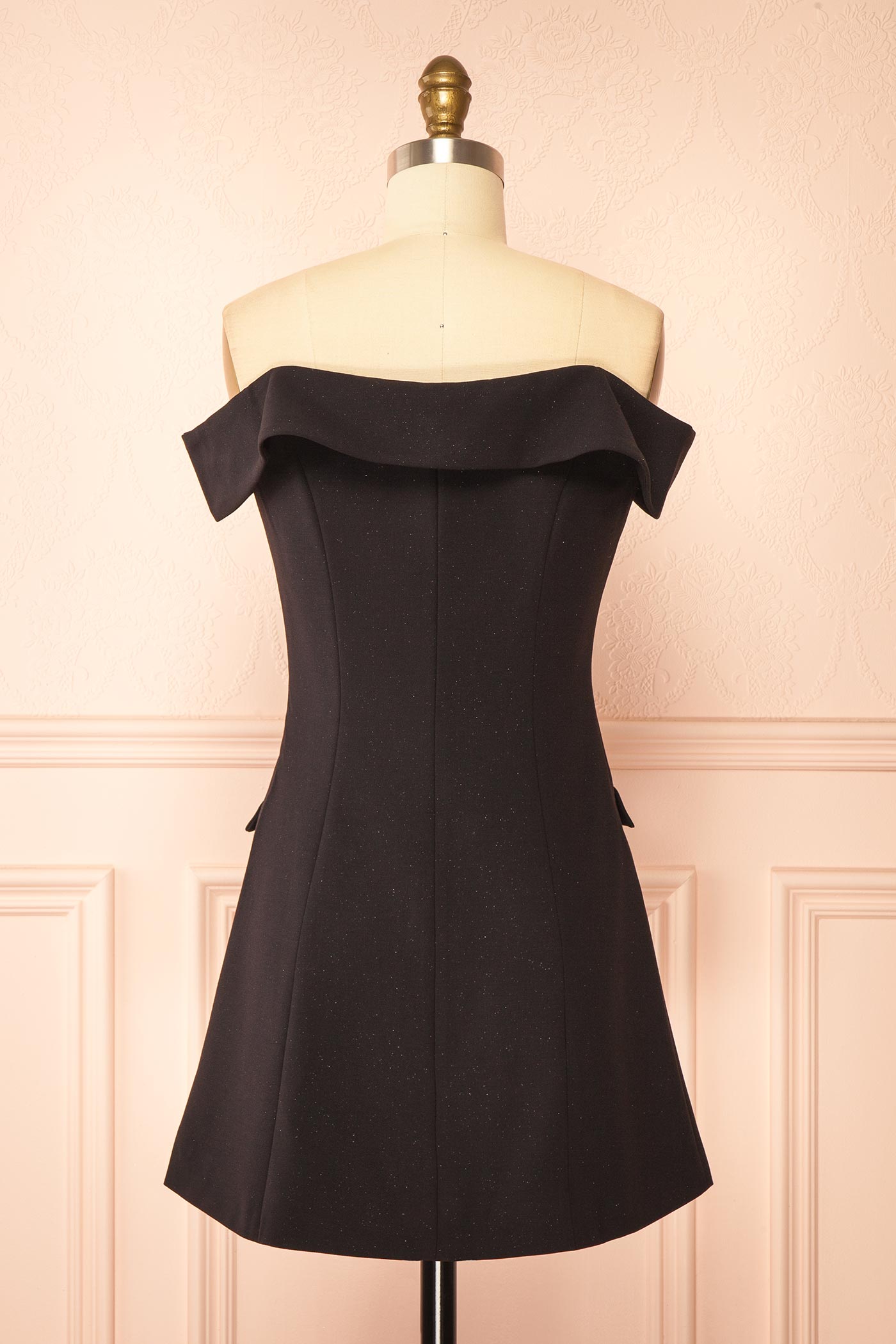 Madalyn | Off Shoulder Glitter Black Mini Dress with Buttons and Pockets