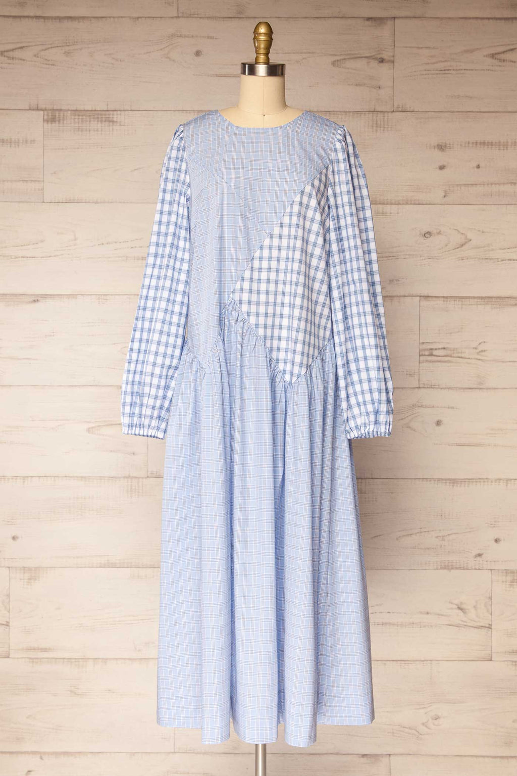 Mahaicony | Blue Long Sleeve Gingham Patchwork Maxi Dress
