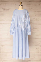 Mahaicony | Blue Long Sleeve Gingham Patchwork Maxi Dress